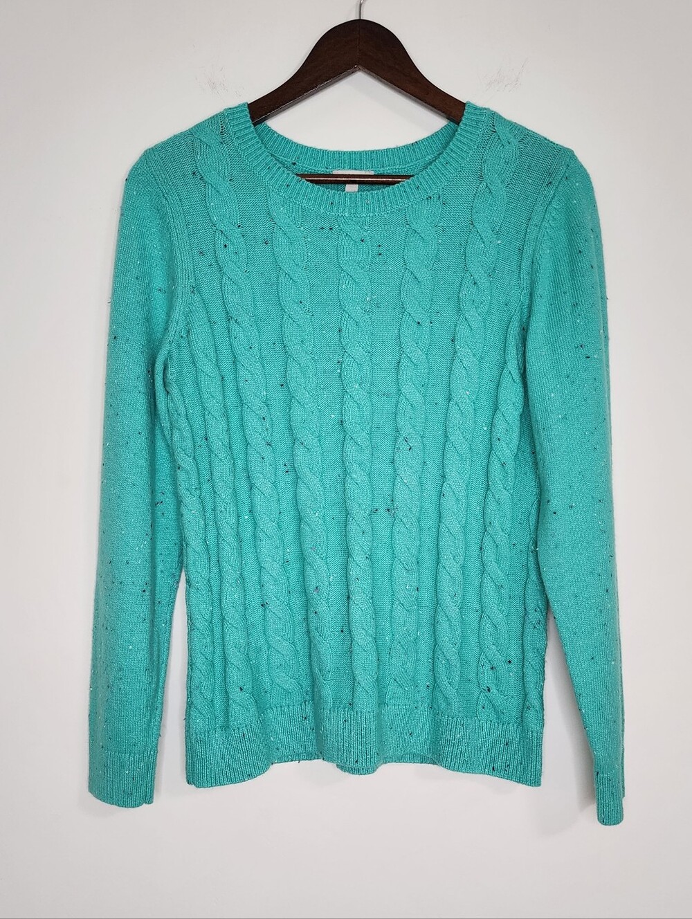 Talbots Teal Confetti Classic Cable Knit Crewneck Sweater Cotton Medium Preppy